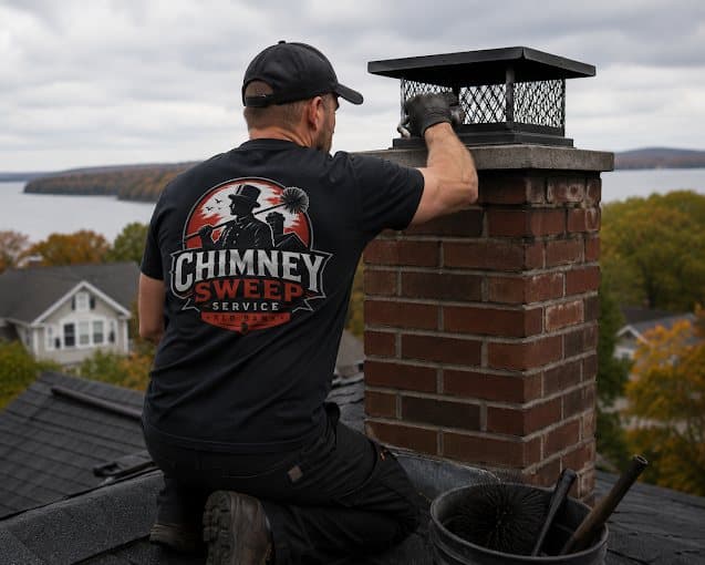 Technician inspecting a chimney cap on a brick chimney near the water