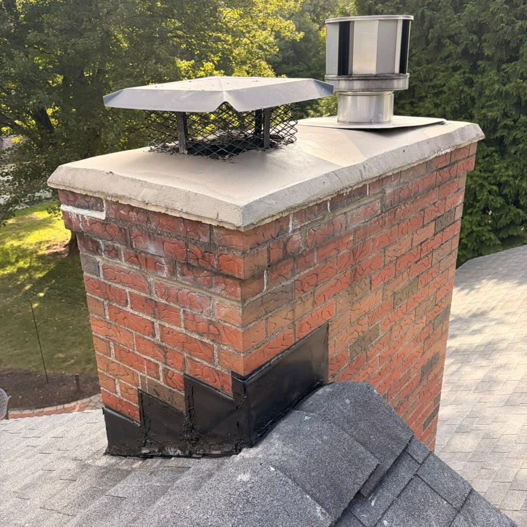 Brick chimney with a concrete crown, chimney cap, and flashing at the roofline