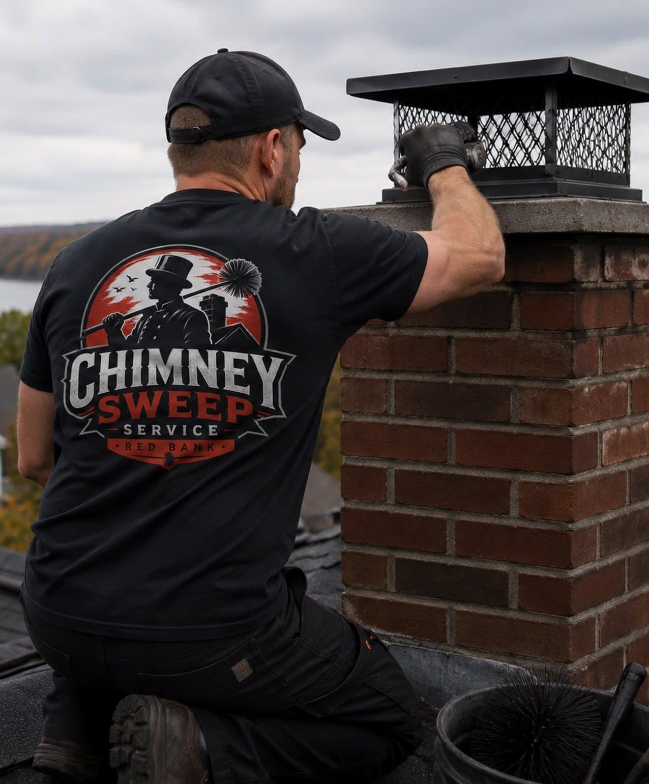 Red Bank Chimney technician in a logo shirt working on a chimney cap