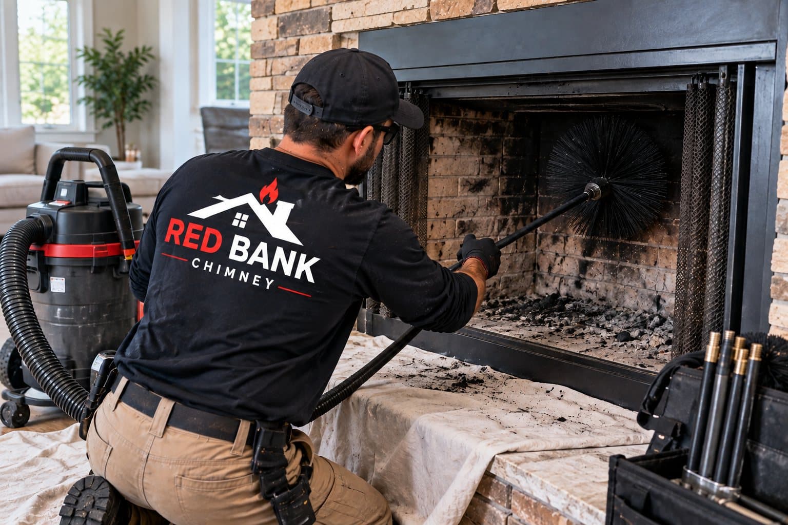 Technician sweeping a fireplace firebox with a chimney brush and vacuum