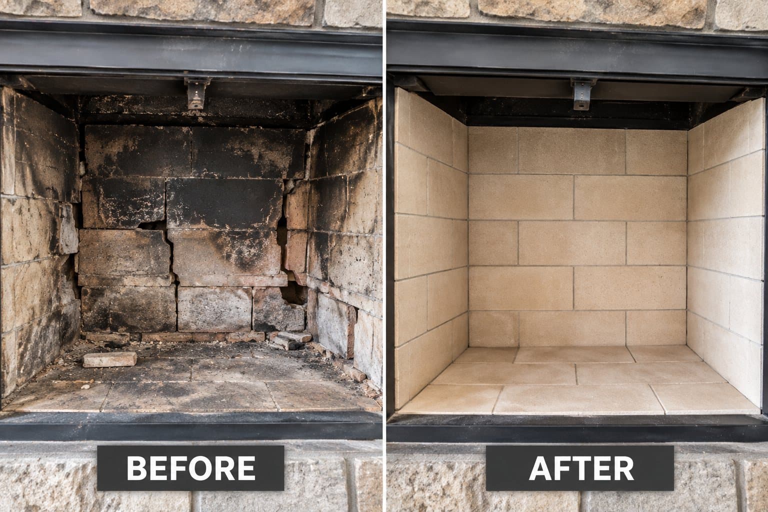 Before and after fireplace repair: cracked, soot-stained firebox walls replaced with new refractory panels