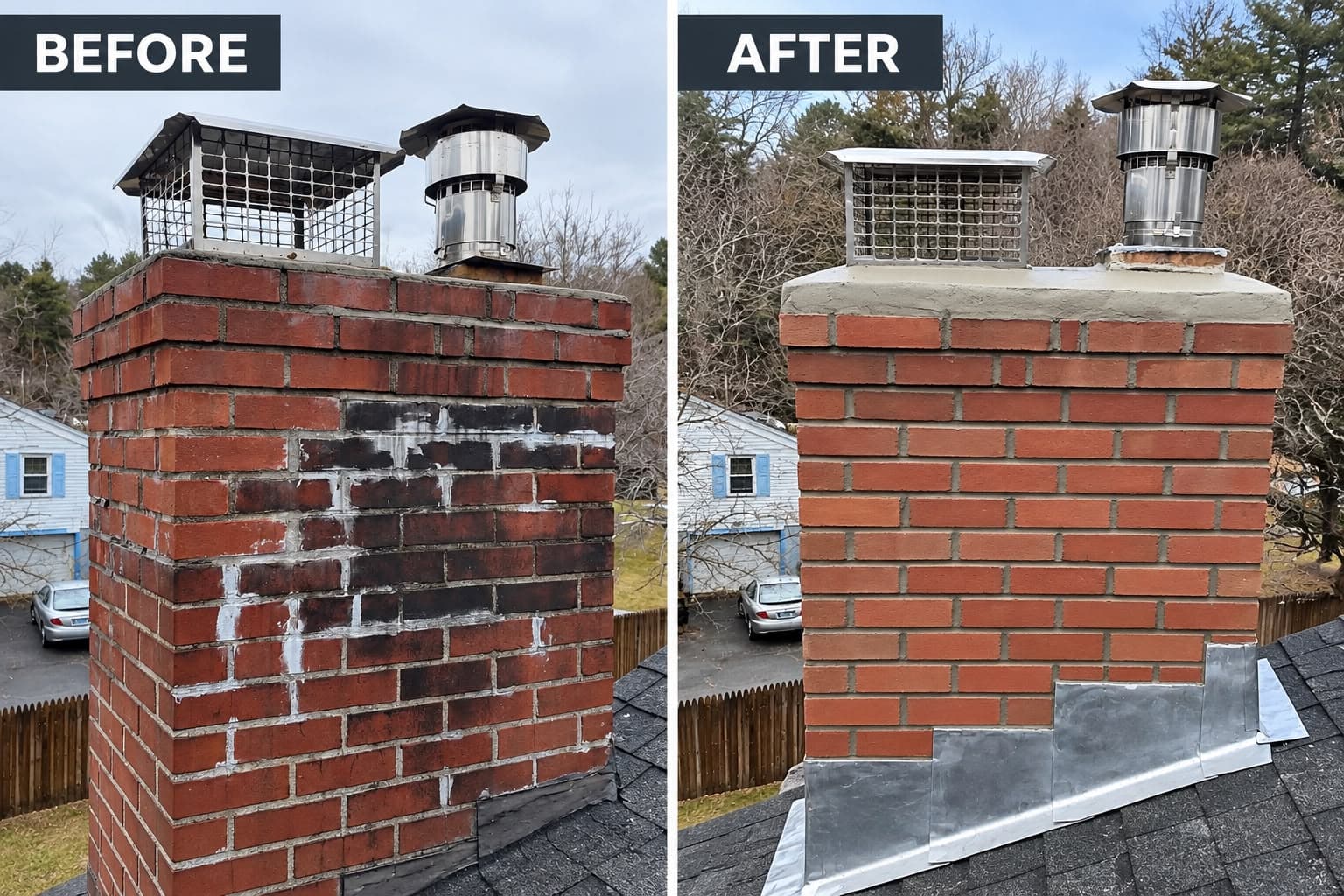Before and after chimney rebuild: stained, deteriorated brick and mortar above the roofline replaced with new brickwork, a new crown, and new step flashing